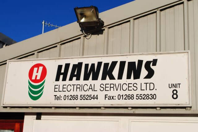 Hawkins electrical services Basildon shop sign